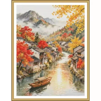 Autumn in Ancient Water Town 14CT 16CT 18CT Printed On Canvas Cross Stitch DIY Set Needlework Embroidery 133 Colors